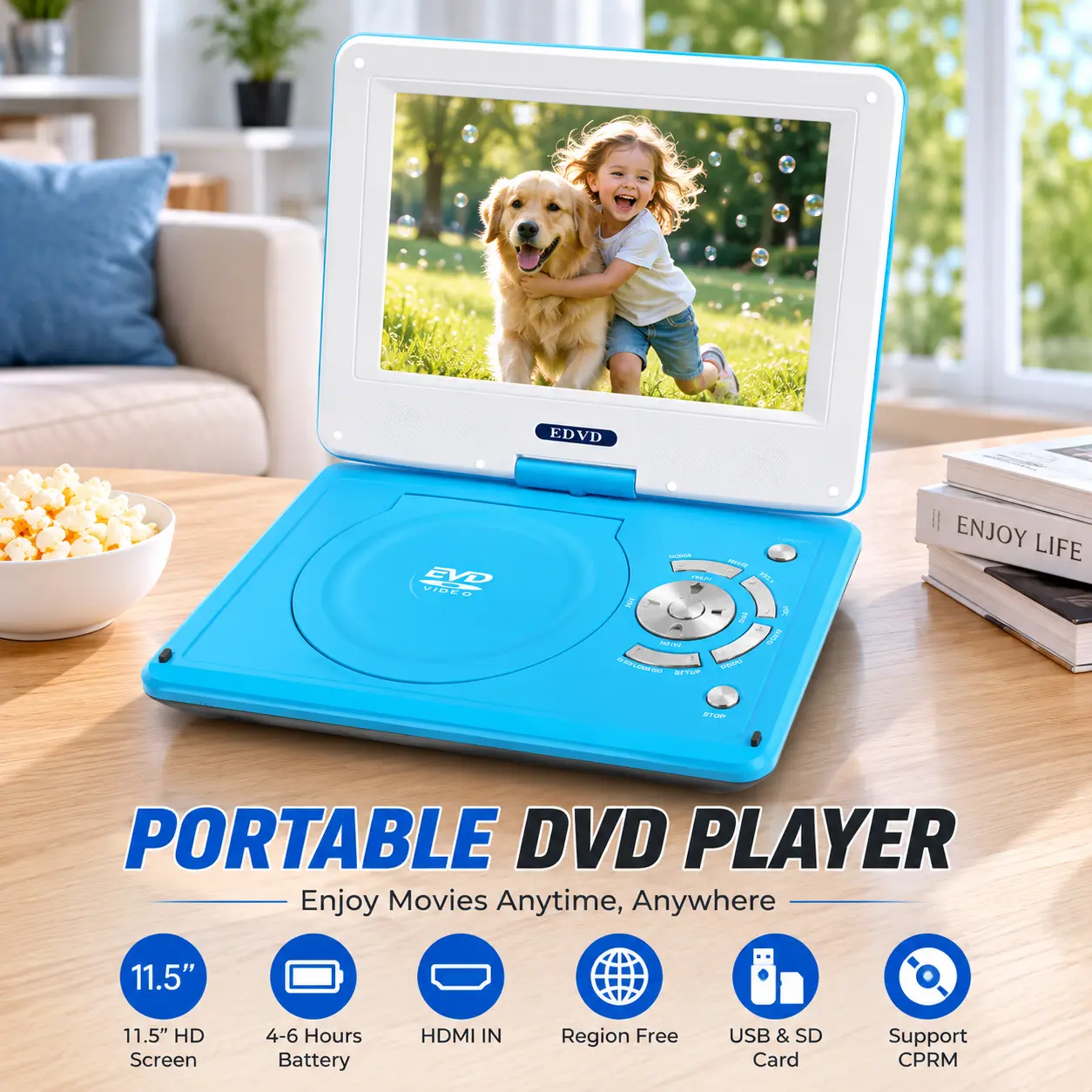 Portable DVD Player with 3-5 Hour Rechargeable Battery, LCD Screen, Home Theater Surround Sound, Remote Control, Car Charger Adapter, RCA, Karaoke Machine, 3.5mm Jack, Audio, Travel/Road Trip Multimedia Video Player, CD DVD Player