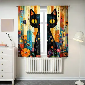 2pc Bohemian abstract black cat curtains with pole bag design. It is the perfect gift for friends. Suitable for home decoration in dormitories, bedrooms, living rooms, kitchens, dining rooms, study rooms, cafes, hotels, apartments, etc.