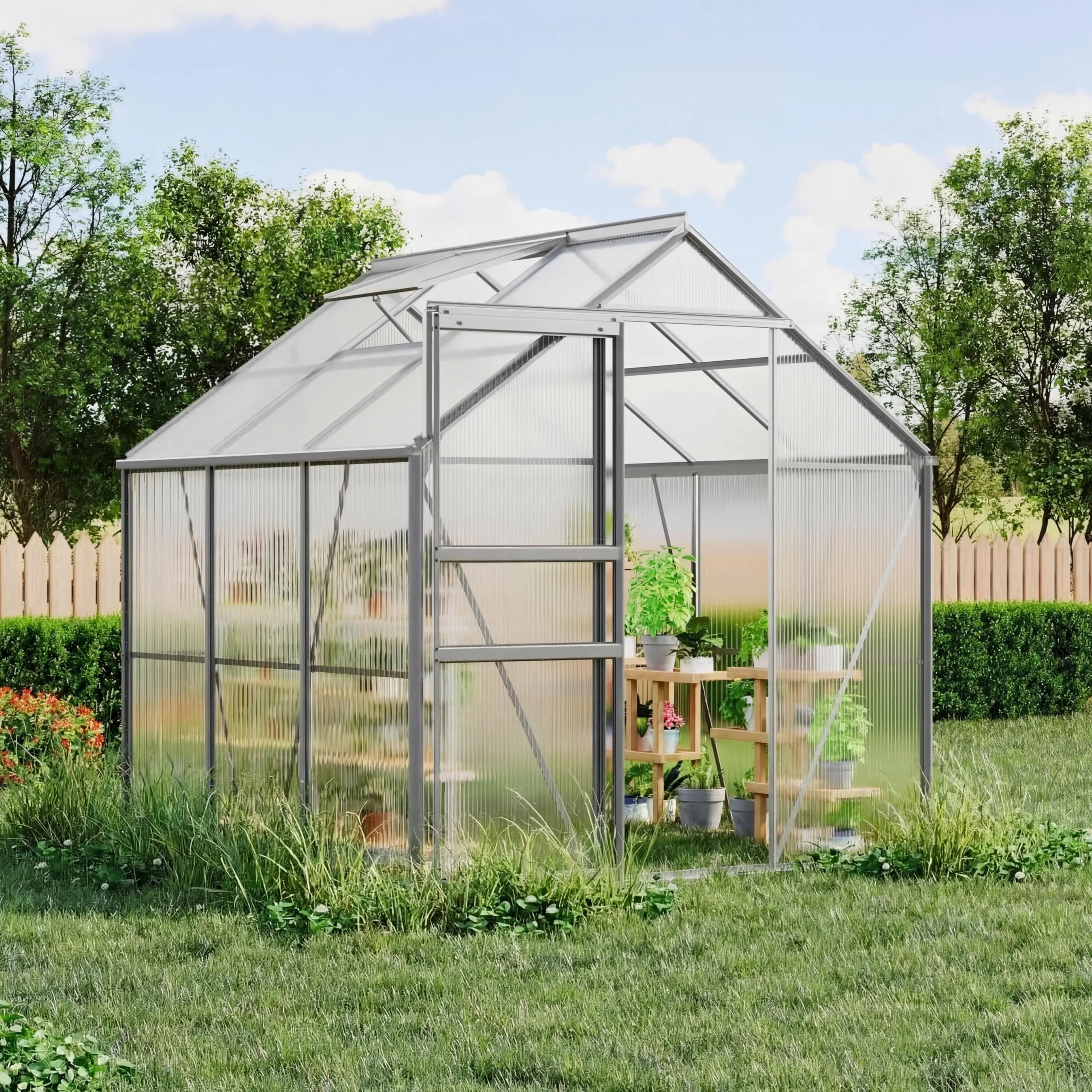 Garvee 6x6 FT Heavy Duty Polycarbonate Greenhouse, Outdoor Winter Greenhouse with Aluminum Frame, Sliding Door, Adjustable Roof Vent for Backyard, Patio Garden, Silver, Heavy Duty Greenhouse