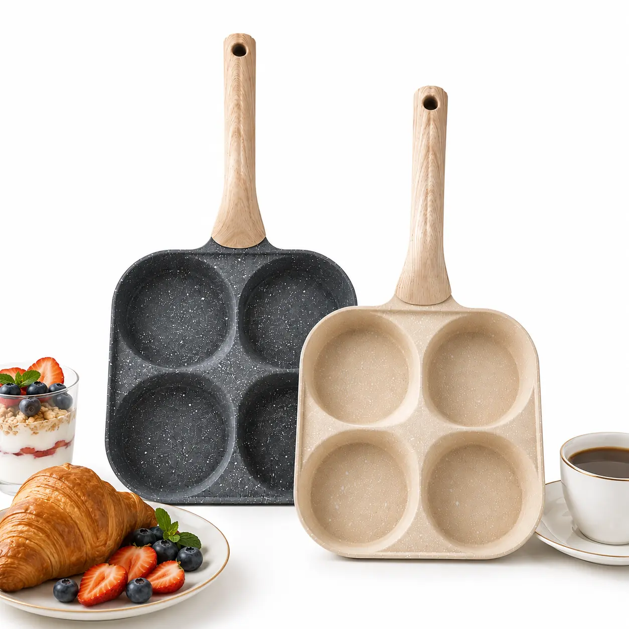 Non-Stick 4-in-1 Breakfast Pan for Frying EggsHamburgers & Scrambled Eggs,Wooden Handle   Non-stick Cookware, Breakfast Pancake Pan, Kitchen Gadgets for Gas and Induction Cooktops gas stove，Home Kitchen Gadgets