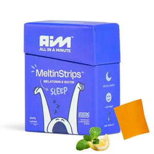 AIM MeltinStrips Oral Sleep Strips for Better Sleep & Hair Growth with 5mg Melatonin 5000mcg Biotin 25mg Valerian Root Natural Vegan Sugar Gluten Free Non GMO Zesty Lemon Flavor 30 Strips