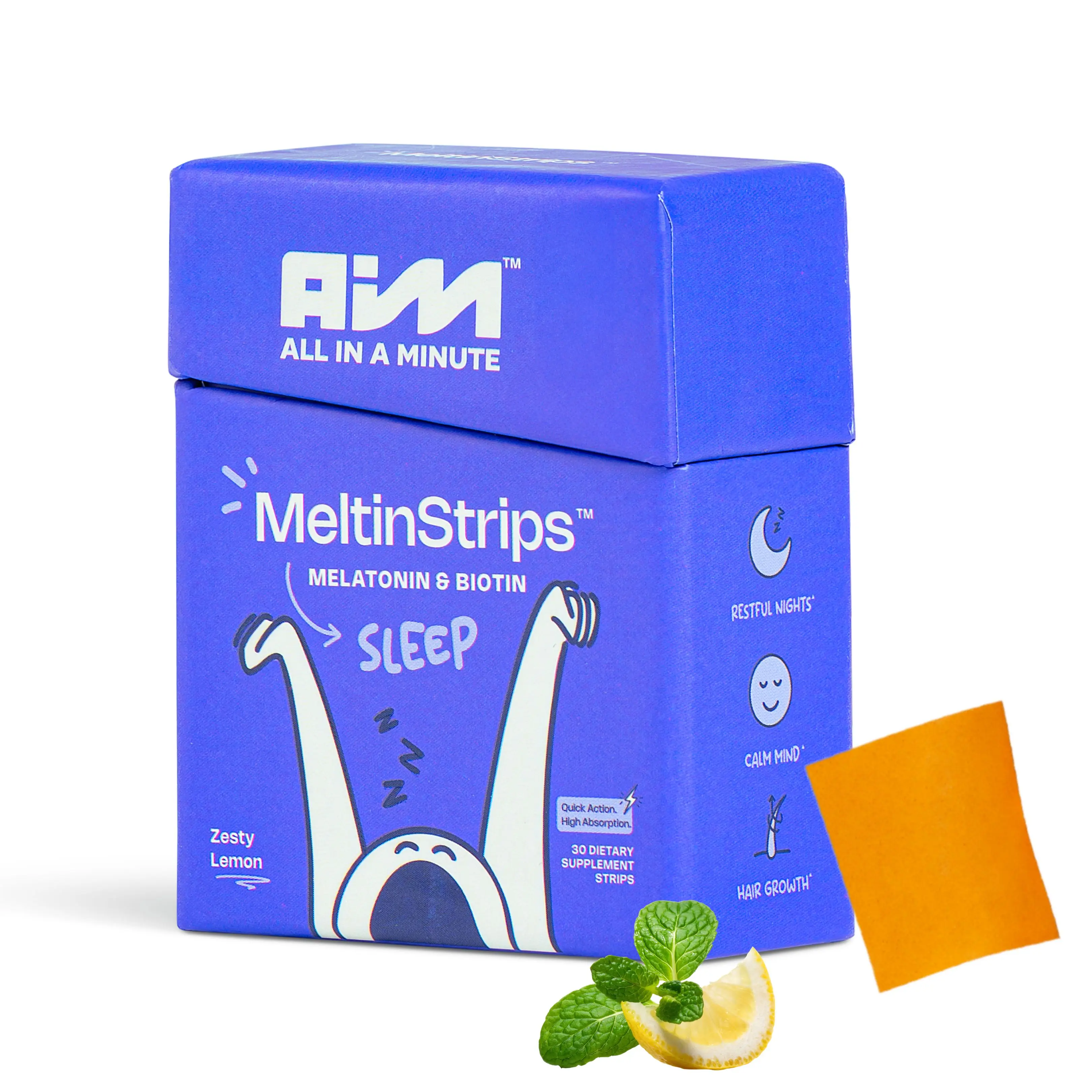 AIM MeltinStrips Oral Sleep Strips for Better Sleep & Hair Growth with 5mg Melatonin 5000mcg Biotin 25mg Valerian Root Natural Vegan Sugar Gluten Free Non GMO Zesty Lemon Flavor 30 Strips