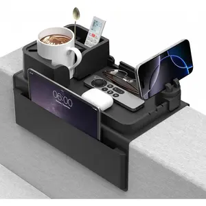 Couch Arm Cup Holder Couch Arm Tray Anti-Slip Couch Cup Holder Sofa Armrest Tray Dual Side Couch Drink Holder Sofa Arm Remote Holder Snack with Phone Holder Black
