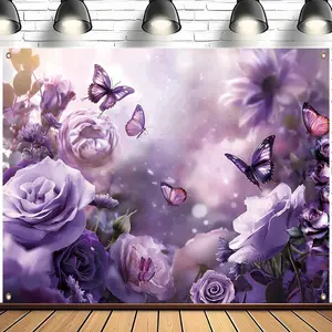 Rose & Butterfly Pattern Wall Hanging Banner, 1 Count Romantic Wall Decor, Wall Hanging Decor for Home Living Room Bedroom Wedding Birthday Party, Ornaments, Wall Hanging Backdrop, Flowers