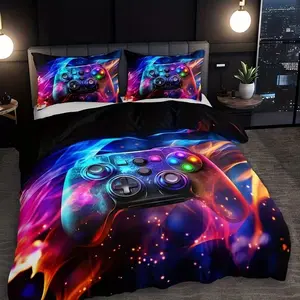 Cool game controller bedding set, including 1 duvet cover and 2 pillowcases (unfilled) made of full-size polyester material with colorful neon design, perfect for boys, teenagers, and gamers