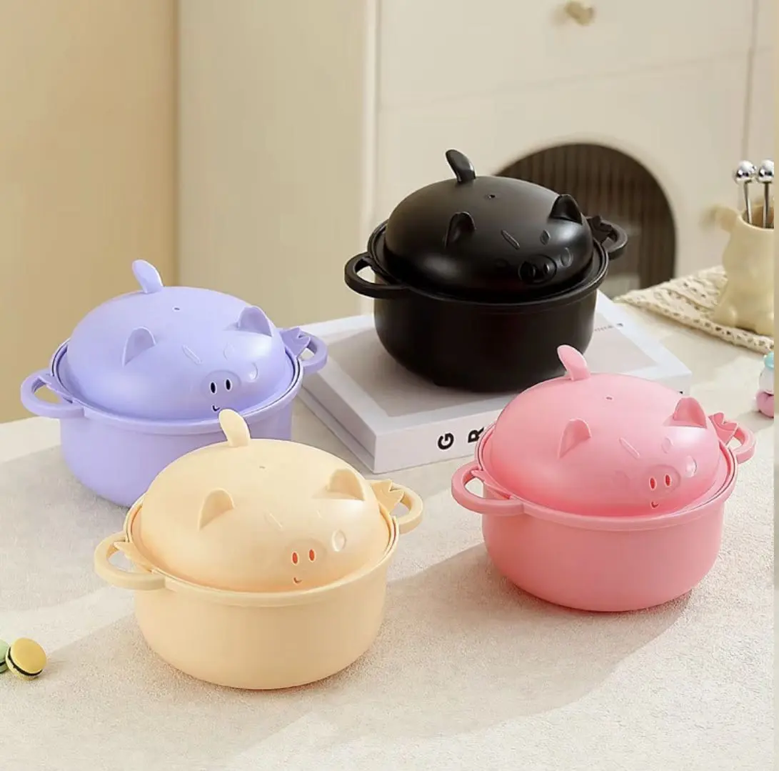 3-piece large-capacity household bowl set with spoons, stackable and durable | 1100ml/38oz plastic individual handle rice bowls, great for pasta, easy for salads and soups, with non-slip stripes - lightweight yet sturdy space-saving design (bkack)