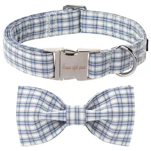 Unique style paws Classic Plaid Cotton Dog Collar with Bow – Breathable Spring Summer Collar in Blue & White Grid, Adjustable Fit for Small Medium Large Dogs, Boys & Girls