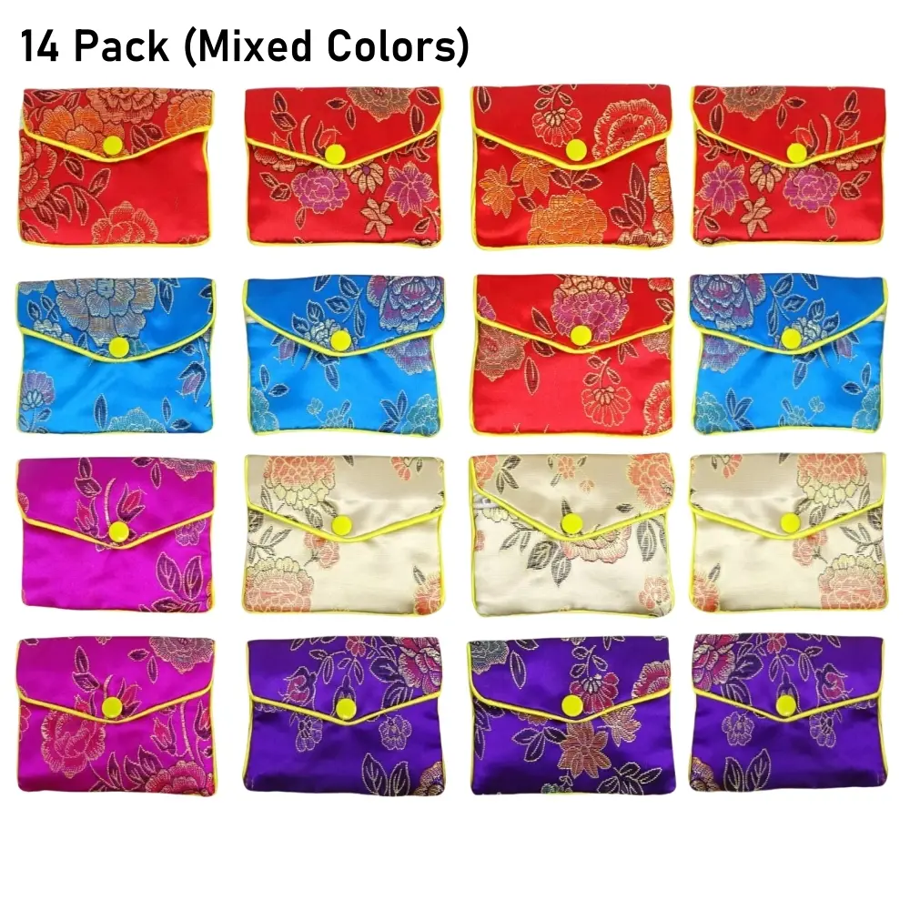 14-Pack Small Silk Purse Pouches with Snap Button, 4x3.15in Mix Color Office Stationery Bags for Jewelry Wrapping, Valentine's Day Gifting