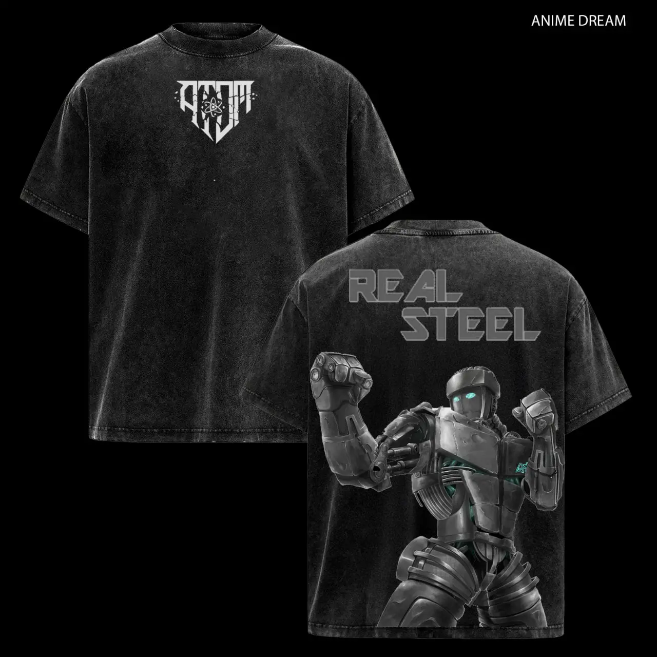 Atom Real Steel Edition Double Printed Oversize Lightweight Acid Washed Tee TV Series Graphic Design Top Cotton Streetwear Movie T-Shirt Clothes Menswear Womenswear Apparel Classic