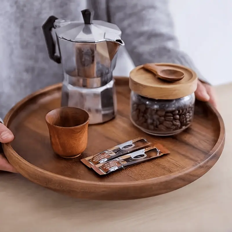 Natural Wood Round Tray, Modern Rustic Wooden Food Grade Safe Decorative Serving Tray, Ideal for Coffee Tea Snacks Jewelry Cosmetics, Durable Holiday Tableware