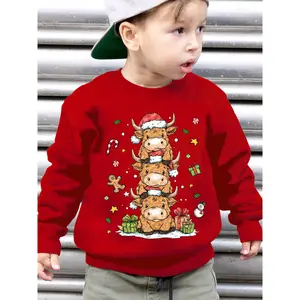 Boys' Christmas Cartoon Print Fleece-Lined Sweatshirt | Casual Long Sleeve Crew Neck Pullover for Fall/Winter, Regular Fit, Slight Stretch Fabric, Applique Details WY7256.