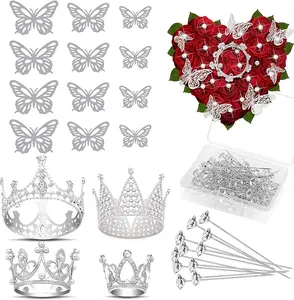 Flower Bouquet Accessories Including 4Pcs Crown Cake Topper Mini Tiara,12 Butterfly Decorations and 50Pcs Bouquet Pins for Birthday Wedding (Silver)