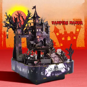 New DIY Assembled Vampire Mansion Music Box Handmade 3D Ornament Halloween Creative Gift Wooden