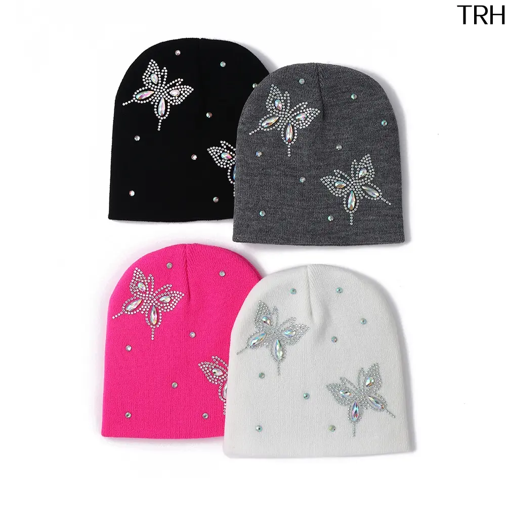 Women Butterfly AB Rhinestone Acrylic Knit Beanie 2026 Fall Winter Lightweight Breathable Warm Skull Cap 20×21cm 53g Soft Elastic Four‑Color Sparkly Crystal Hat Streetwear Dating Club Outdoor Travel Holiday Birthday Present