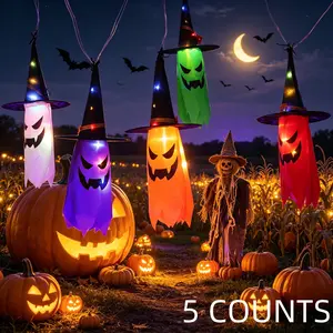 Halloween Glowing Decor 5-String LED Lights, Battery-Powered Ghost Witch Hat Atmosphere, Outdoor Decoration for Yard Garden Porch Tree