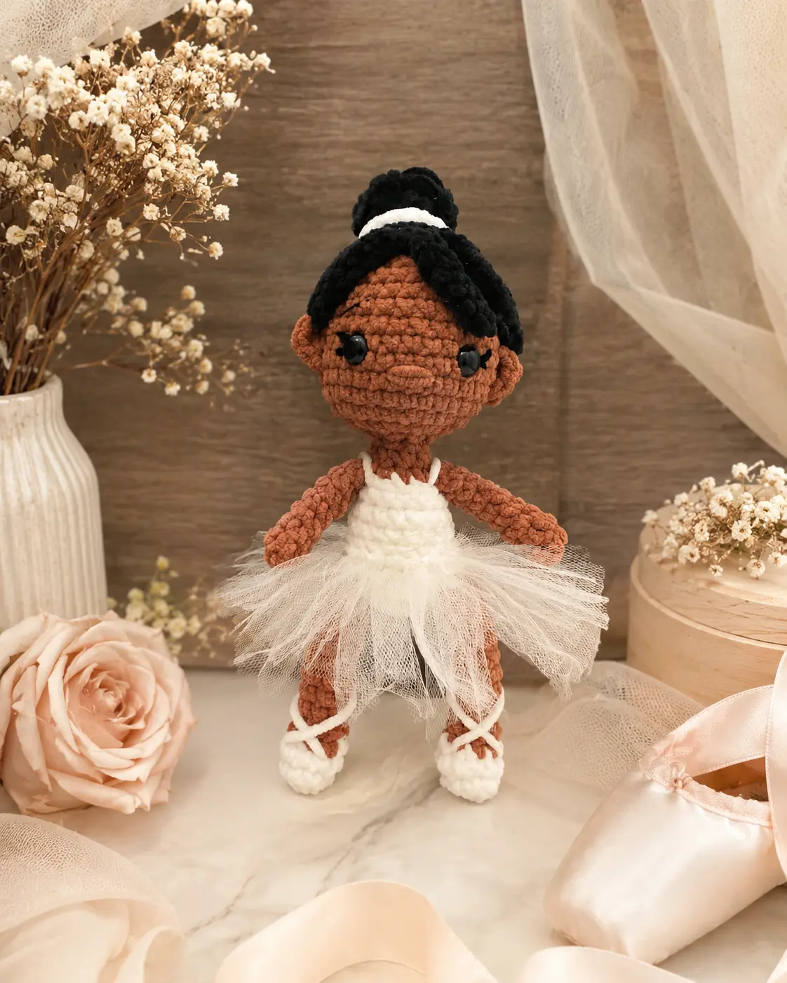 Crochet Bliss by V Handmade Ballerina Crochet Plush, Small Soft Stuffed Doll with White Tulle Tutu, Ballet Slippers & Bun Hairstyle, Gift & Room Decor