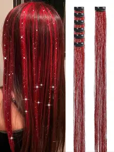 6PCS/PACK Clip In Hair Tinsel Kit Red Fairy Sparkle Hair Clips 24 Inch DIY Glitter Tinsel Hair Extension Synthetic Extensions For Women Girls For Halloween Christmas Party New Year Birthday Suitable for All Occasions(Red/Blue/Sky Blue/Silvery)