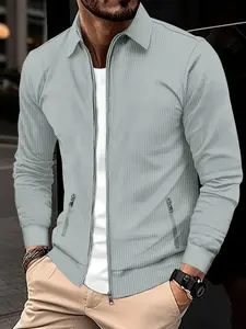 Men's Waffle Knit Long Sleeve Zipper Pocket Stand Collar Slim Fit Fitted Cardigan Jacket, Casual Youth Outerwear, Stylish Classic Men's Coat