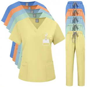 Short-sleeved Casual New Summer Nurse Uniform Solid Color Overalls Hand Washing Clothes Set Scrubs for Women Set Medical Uniform - V-Neck Top & Straight Leg Pants with  Pockets, Easy Care Spring Statements