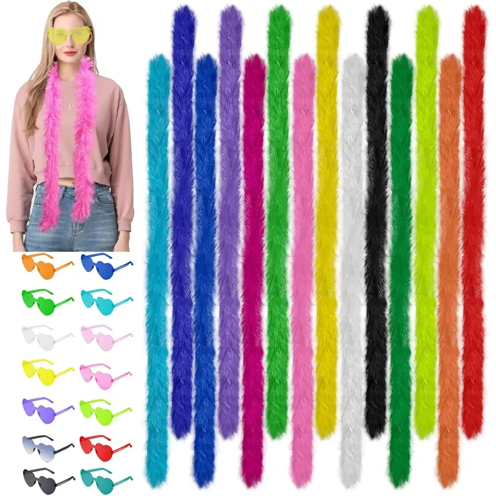 28 Pcs 5 Ft Feather Boas and Heart Sunglasses Set 14 Colors Artificial Fluffy Boas for Women Bachelorette, Halloween Party Wedding Supplies