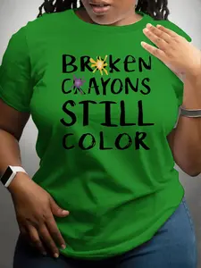 【Plus Size】 Letter Print Round Neck Tee, Fashion Casual Crew Neck Short Sleeve T-Shirt for Daily Outdoor Wear, Women Plus Clothing for All Seasons