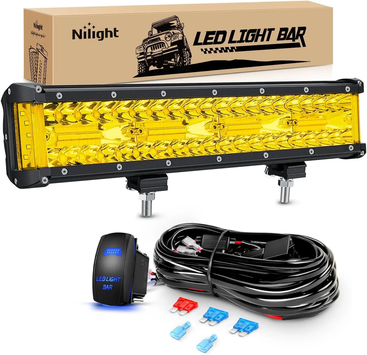 Nilight 12-Inch Side Shooter LED Light Bar, 90-LED Triple Row Lightbar with Yellow Spot Flood Beam, Aluminum Alloy Fog/Driving Mounting Kit, 1x 5-Pin Rocker Switch 16 AWG Wiring Harness for Heavy Duty Off-Road Vehicles, Boats, Tractor