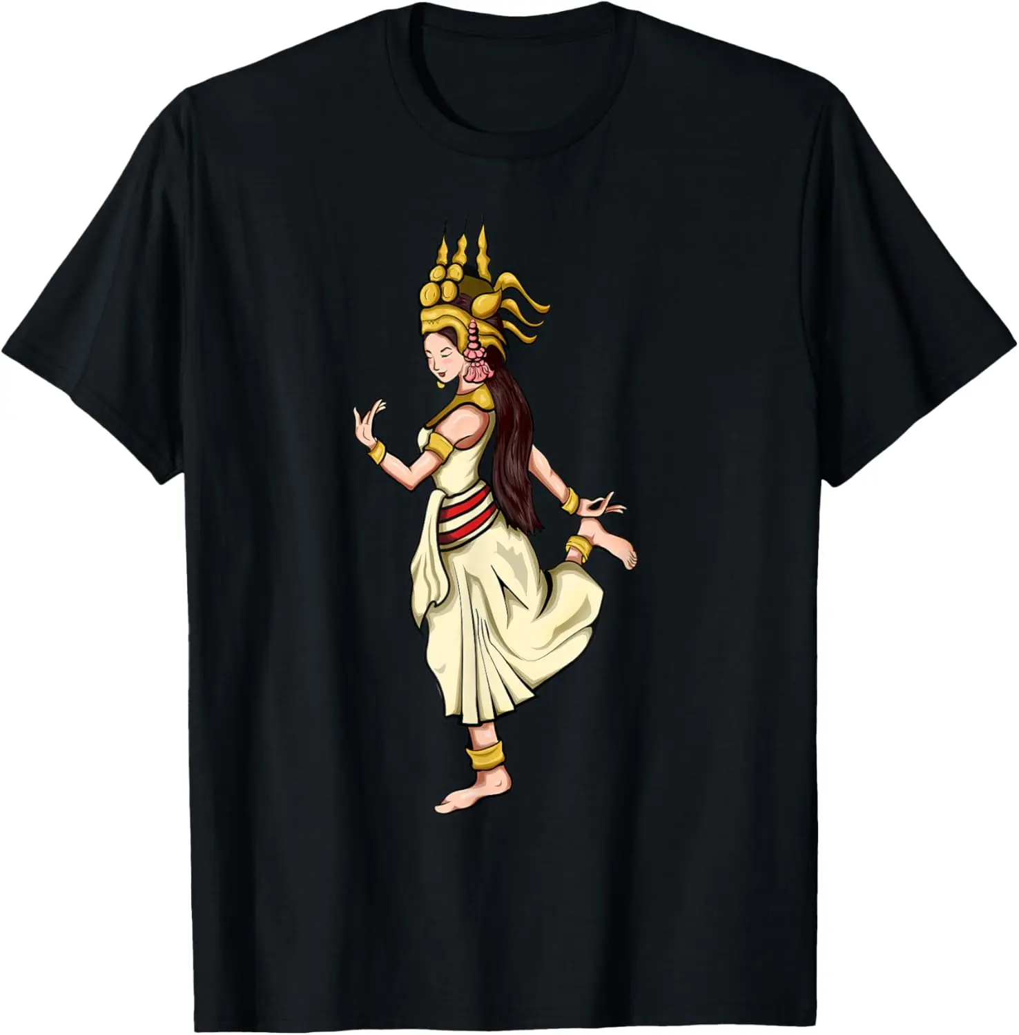 Women's Vintage Graphic T-Shirt with Cambodian Apsara Design, 100% Cotton Round Neck Casual Streetwear Clothes