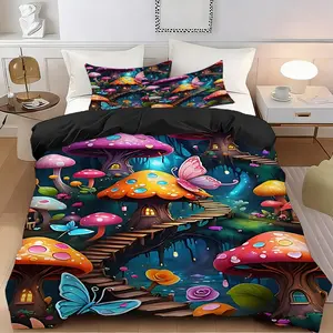 2/3 Pcs Fantasy Mushroom House Quilt Cover Set, Decorative Duvet Cover, Soft, Breathable 100% Polyester Fiber, High-Definition Digital Printing, Suitable For All Seasons, Gift, Machine Washable(1 Duvet Cover+1/2 Pillowcase, No Filling)