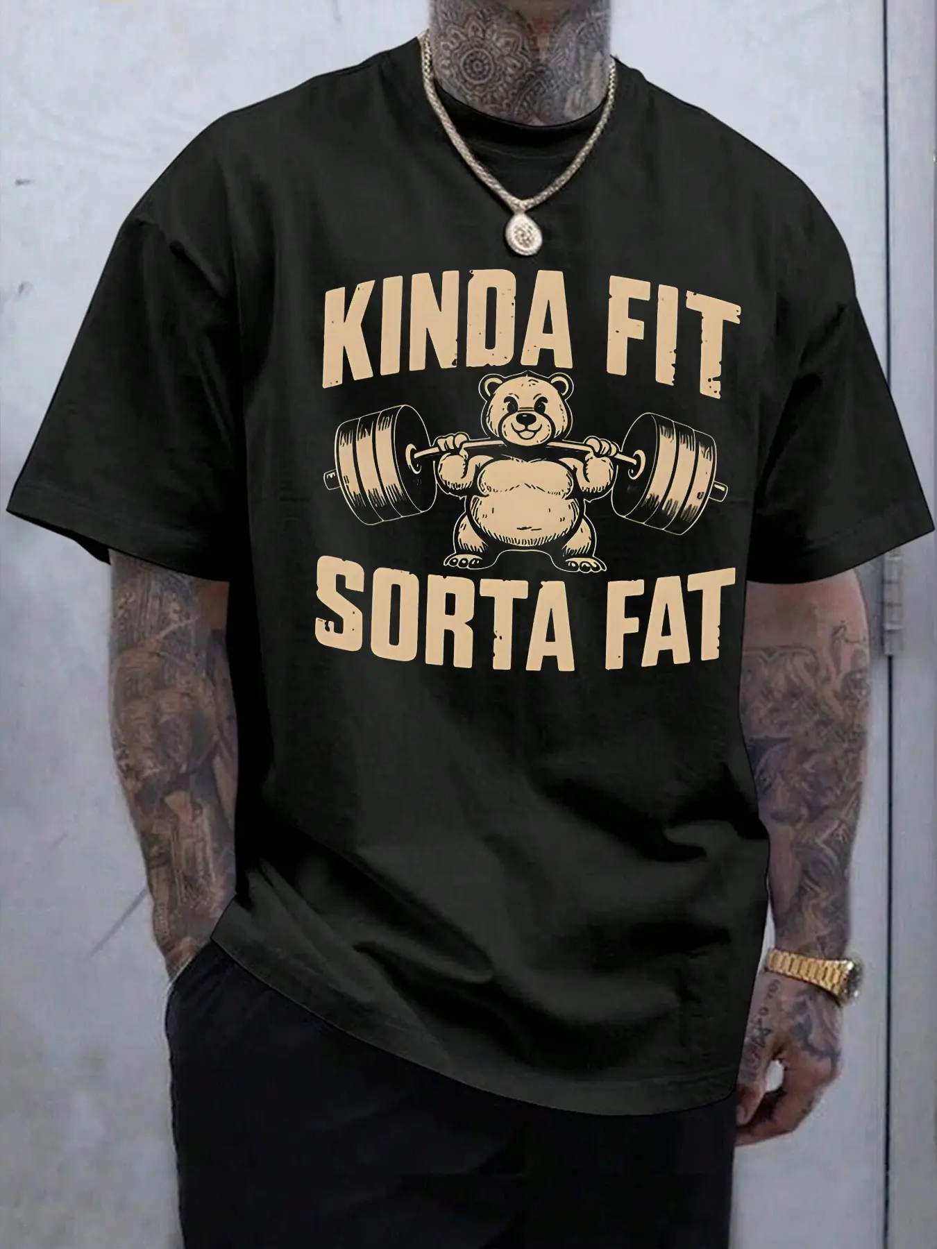 Funny Weightlifting Bear Graphic Fitted Tee – Heavyweight Gym Shirt Clothes Long