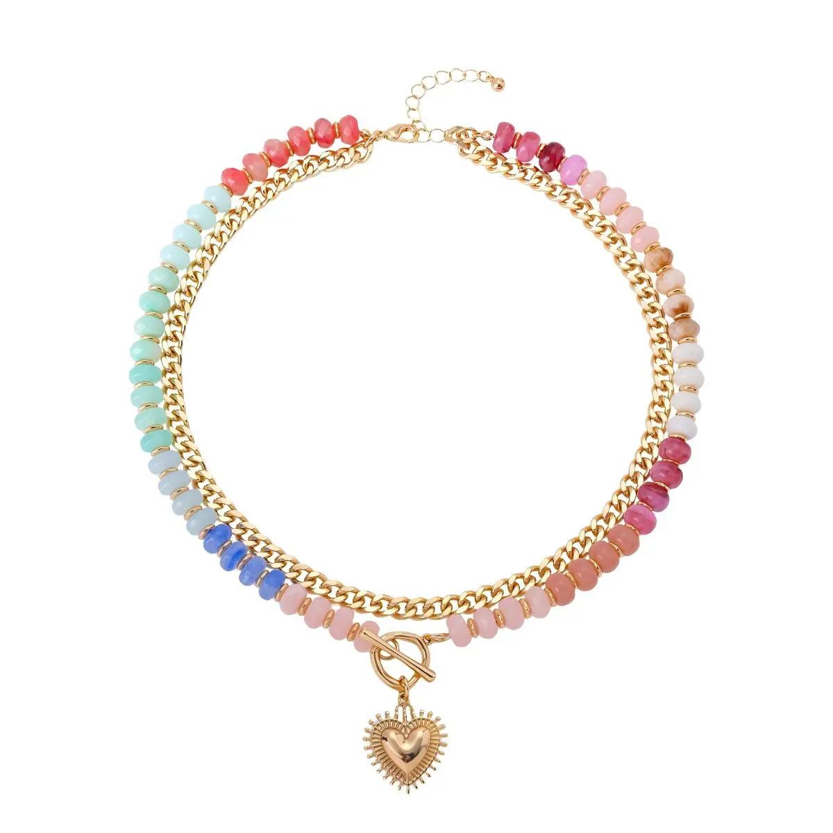 Double Layer Stackable Necklace Colorful Beads Crystal Natural Stone Heart Pendant 18K Gold Plated Stainless Steel Cuban Chain Bohemian Style Dopamine Y2K Vacation Jewelry Lucky Charm Gift for Valentine Anniversary Birthday Daily Wear