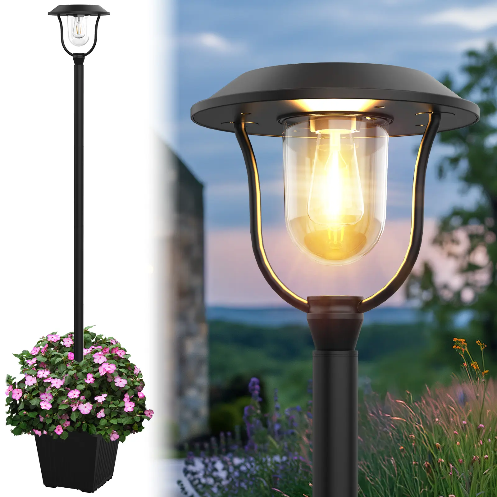 DERAYSION  Solar Lamp Post Lights Outdoor with Planter - 12H Long Lasting Auto On/Off Solar Powered Pathway path Lights, 100LM Aluminum Waterproof LED Landscape Lighting for Garden Patio Yard Walkway (Adjustable Height 28-75 Inch)