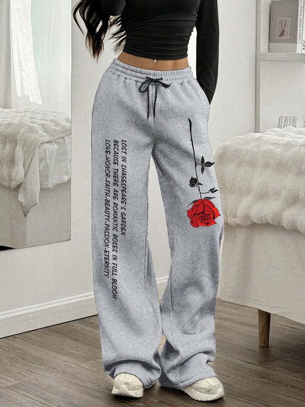 Women's Summer Casual Inverted Rose Letter Print Pants, Simple Drawstring Sweatpants, Ideal for Spring & Fall Outdoor Activities
