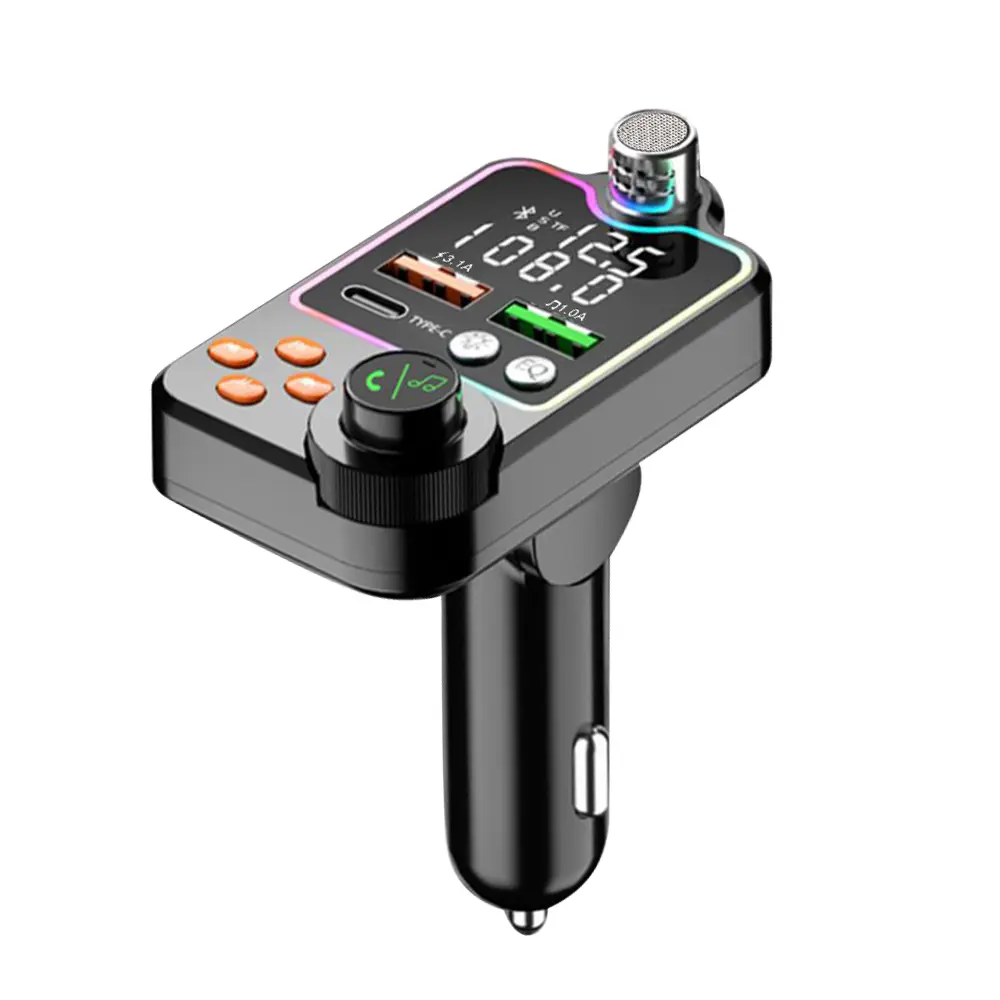 1* Bluetooth 5.0 Car FM Transmitter - 12-24V Plastic Car Accessory with Dual USB PD Type-C Fast Charger, Wireless Handsfree Call, Audio Receiver, MP3 Player, Color Lights