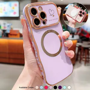 Luxury Plating Cute Heart Pattern Case for iPhone 17 Pro Max/17 Air 16/15/14/13 Cover Curly Wave Frame Fashionable for Women Girls Camera Protection Slim Shockproof Phone Case
