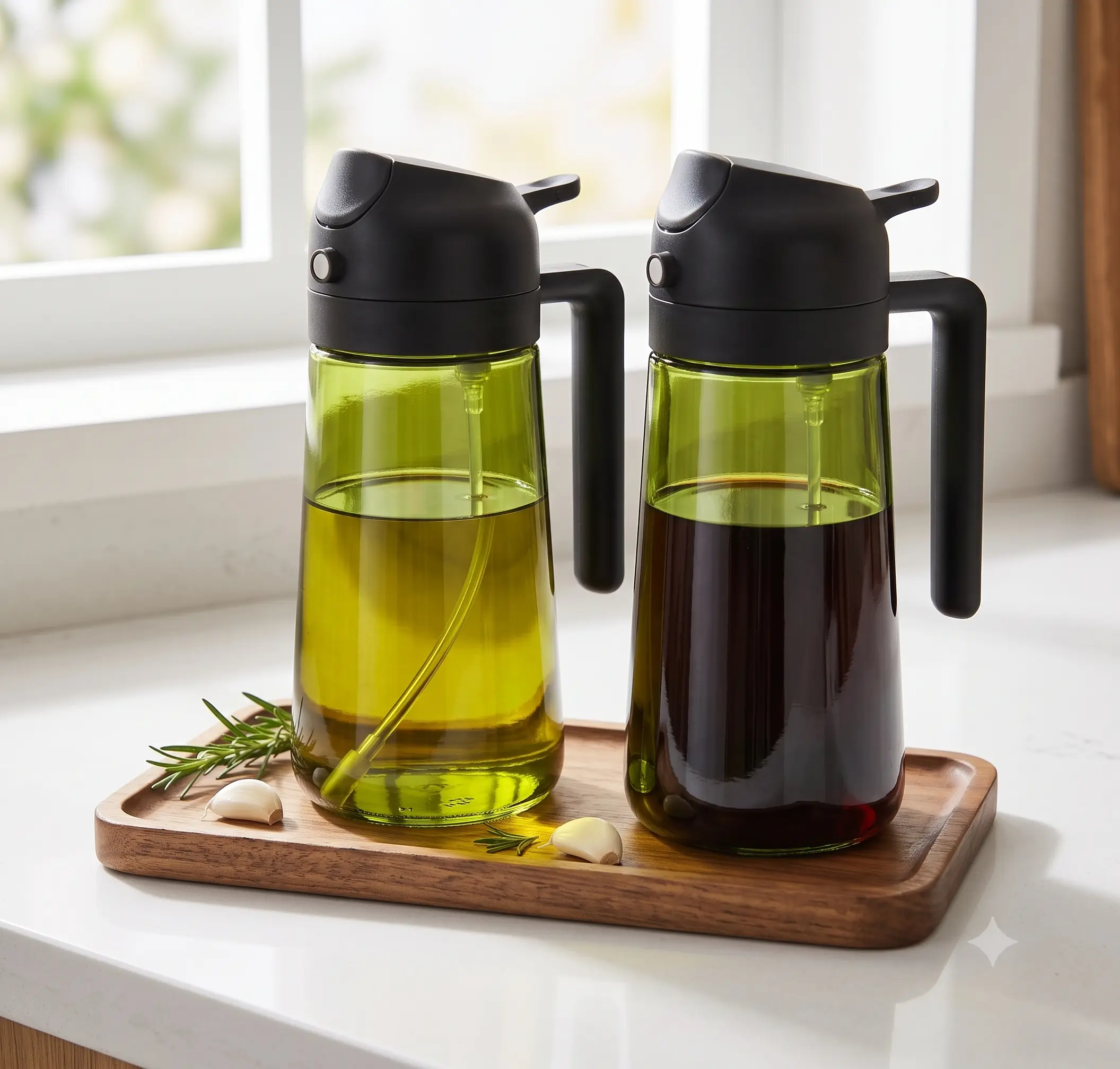 Kitchen Utensils 2-in-1 Glass Olive Oil Sprayer & Pourer Bottle, 16oz/470ml Light-Blocking Food-Grade Dispenser with Black Cap, Mesh Filter, Precise Control Mister for Air Fryer, BBQ