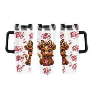 40oz Insulated Mug, Dr Pepper Soda Print Insulated Tumbler, Leopard Highland Cow Cartoon Design, Double-Wall Vacuum Insulated Stainless Steel with Straw Lid & Handle, Leak-Proof Thermal Mug Keeps Drinks Hot 12H and Cold 24H, Valentines Birthday Gift
