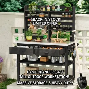 Outdoor Potting BenchTable Stainless Steel Top Prep Station 64.9H Solid Wood Outdoor Kitchen Island with Upper Hutch and Lockable Wheels for Backyard BBQ Grilling Storage Utility Cart Weatherproof Exterior Organization