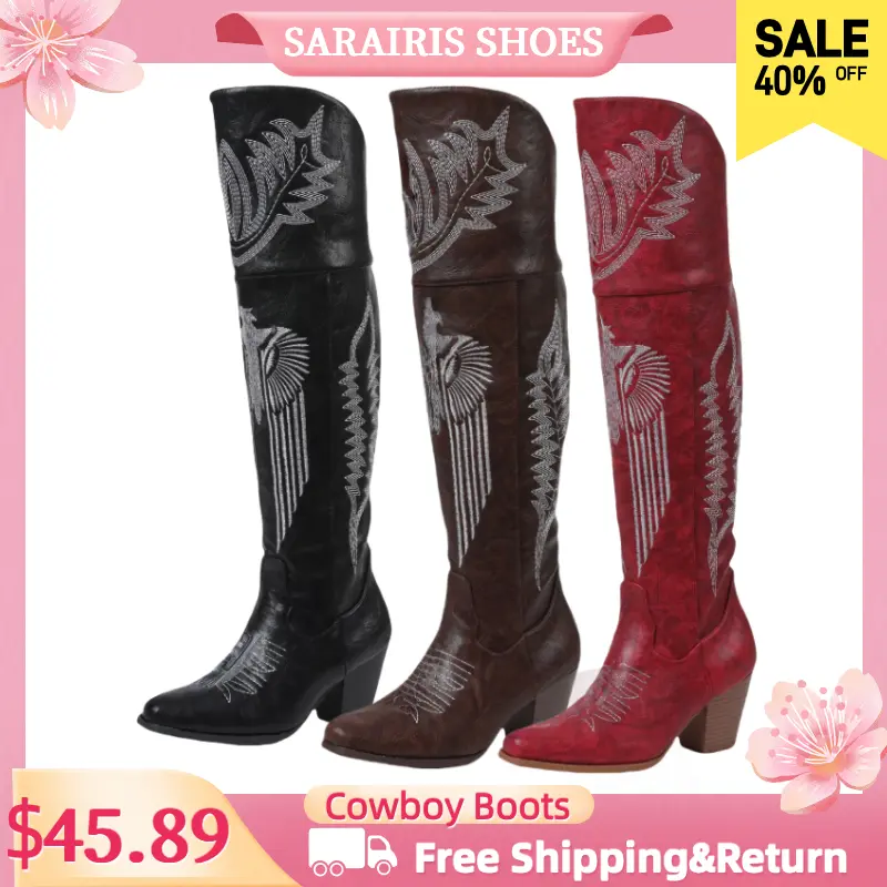 Women's Embroidered Cowboy Boots Wide Calf  Knee- high Western Cowboy Boots with Side Zipper
