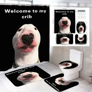 1/4pcs Bathroom Curtain Set with Cute Bull Terrier Dog, 'Welcome to my Crib' Text & Accessories - Perfect for Easter, St Patrick's Day, Valentine's Day, Mother's Day Home Decor, Matching Toilet Lid Cover, Small Rug, Large Bath Mat for Playful Perso