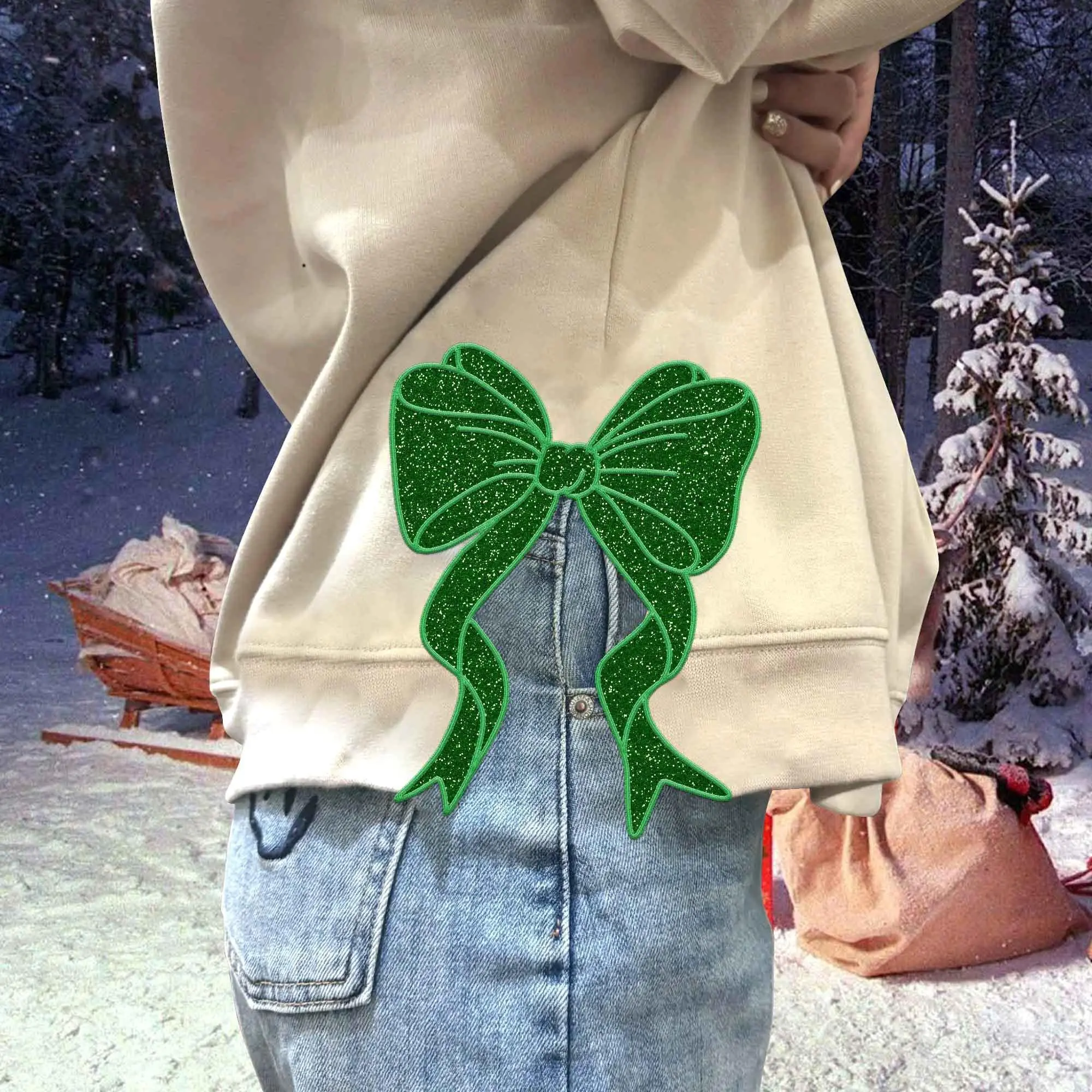 Side Bow Applique Sweatshirt Embroidery Sweatshirt, Green Glitter Bow Swaetshirt, Christmas Embroidery Sweatshirt, Bow Applique Sweatshirt