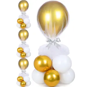 4 Set Table Centerpieces Balloons Stand Kit, Table Balloon Stand Holder With Tulle And Latex Balloons Reusable Balloons Centerpiece With Base For Birthday Wedding Halloween Xmas Party (Gold And White)