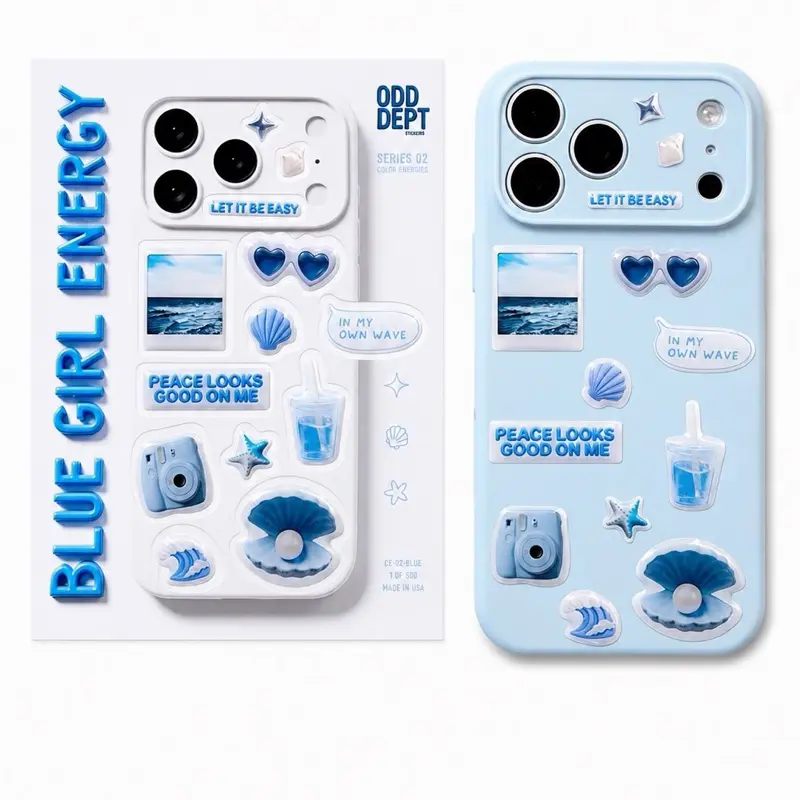 Odd Dept: Blue Girl Energy 3D Phone Sticker Pack – Cute Glossy Stickers for iPhone, Kindle, Laptop & Water Bottle (13 PCS)