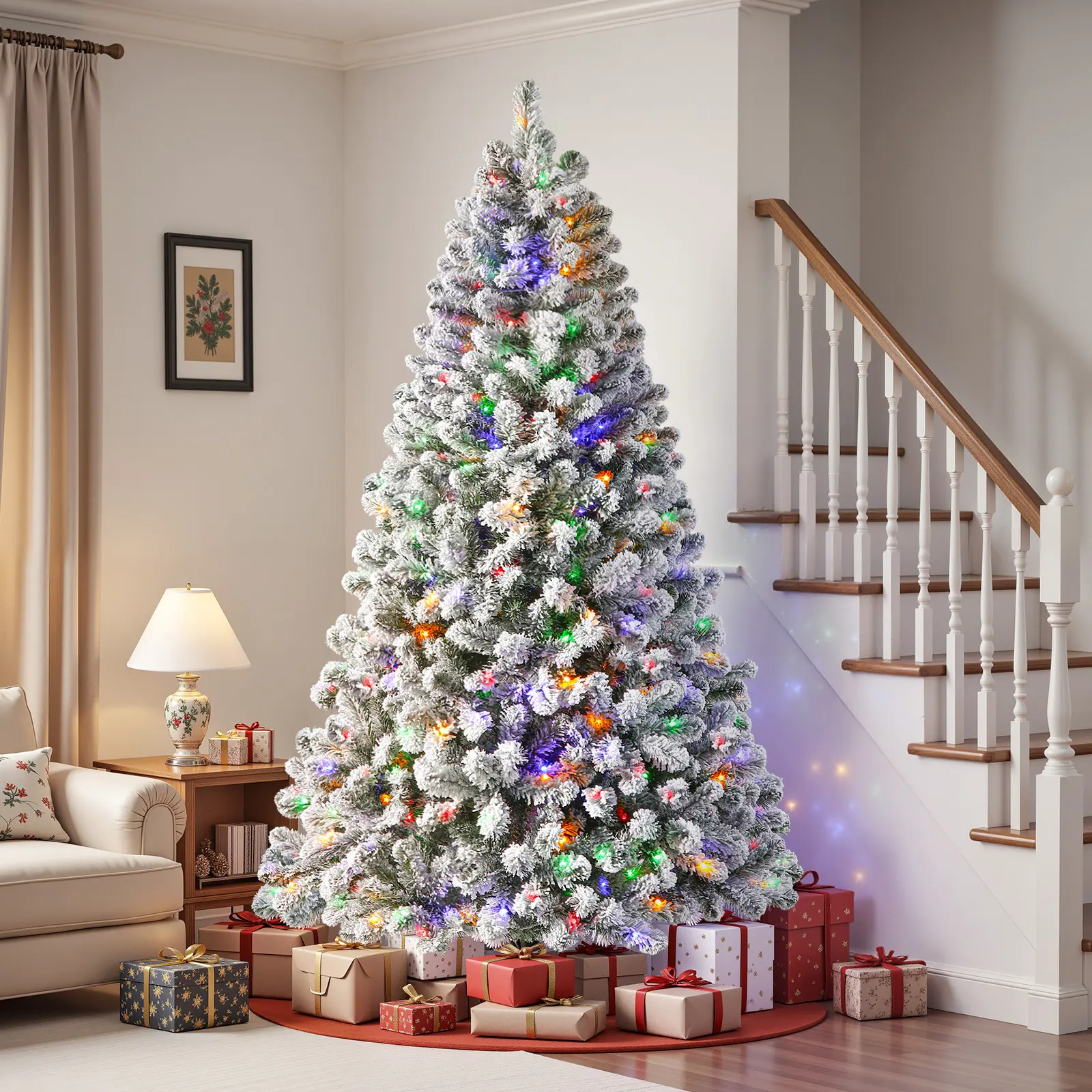【Christmas in July】SHareconn Prelit Snow Flocked Christmas Tree 5/6/7.5/8/9FT Hinged Artificial Tree with Remote, Timer, Warm White & Multicolor Lights