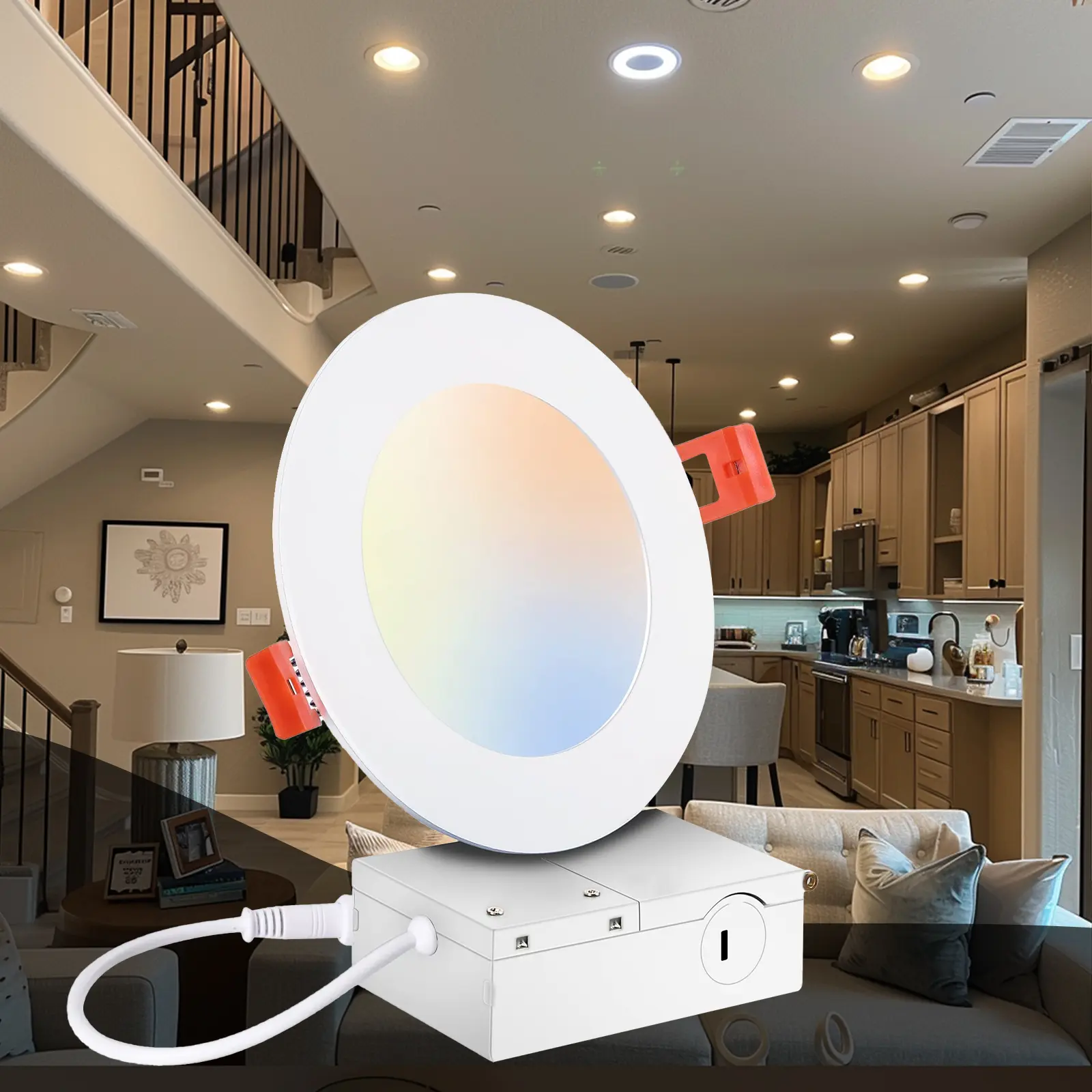 DAYBETTER 6 Inch 5CCT Ultra-Thin LED Recessed Dimmable Can/Ceiling Light with Junction Box, 2700K/3000K/3500K/4000K/5000K Selectable, 12W , 1050LM High Brightness Wafer Downlight - ETL&FCC