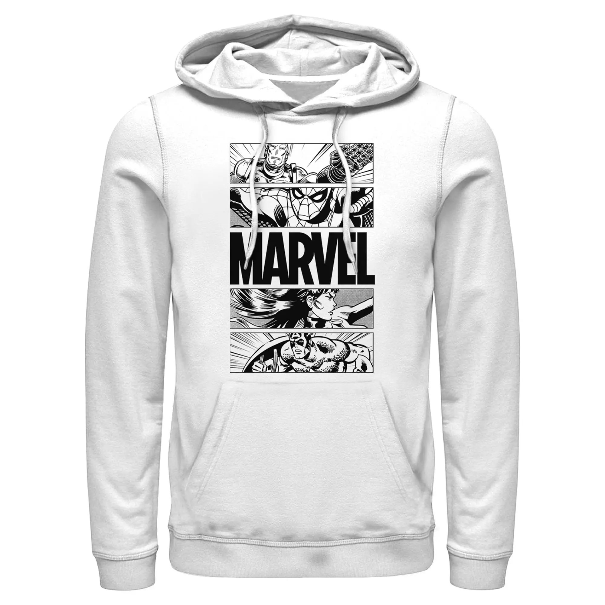 Men's Marvel Classic Black and White Avengers Comic Panels Pull Over Hoodie