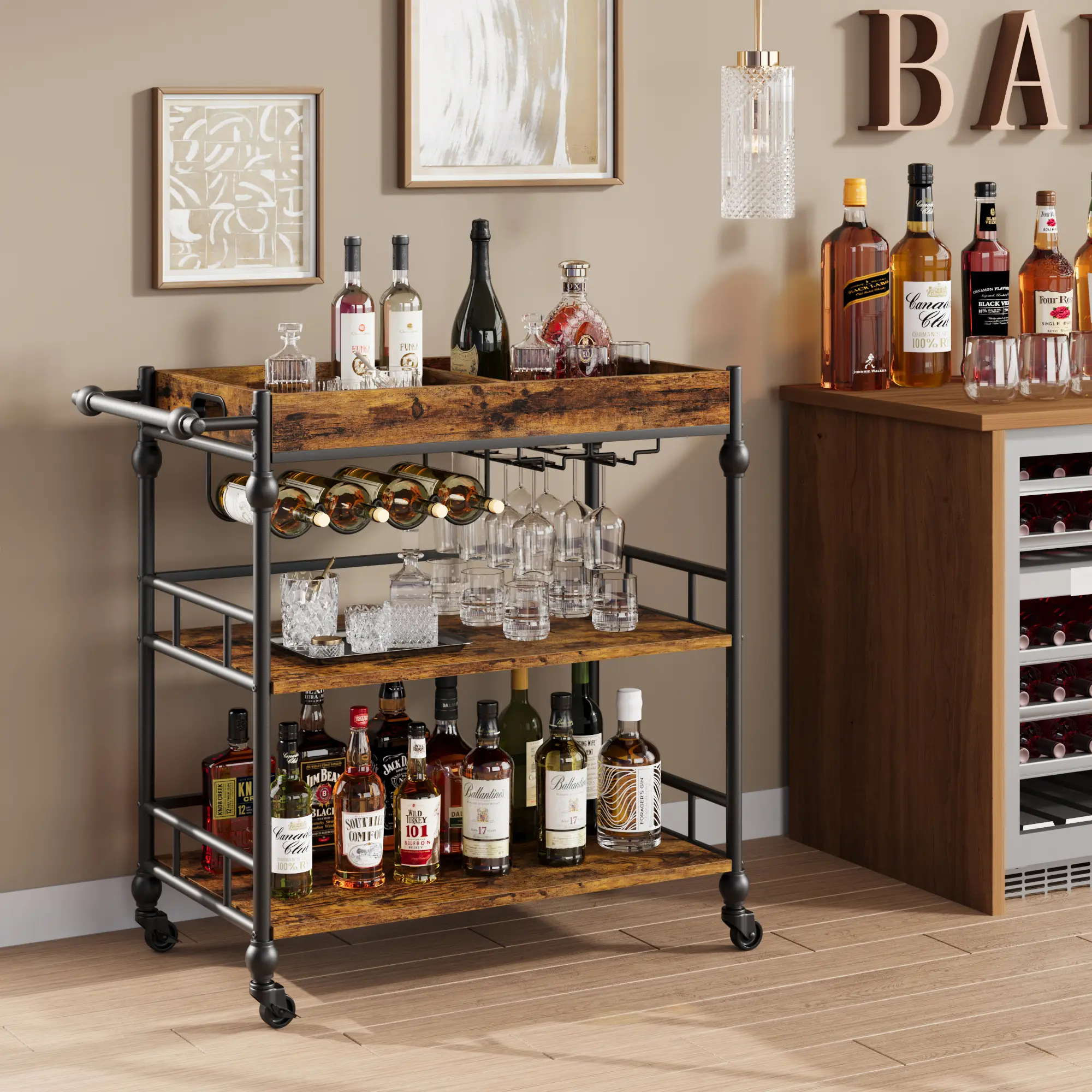 GAOMON Portable Modern 3-Tier Metal Bar Cart with Wheels, Wine Rack, Removable Tray, Glass Holder, Storage Shelves - Rolling Home Accessory for Kitchen, Dining Room