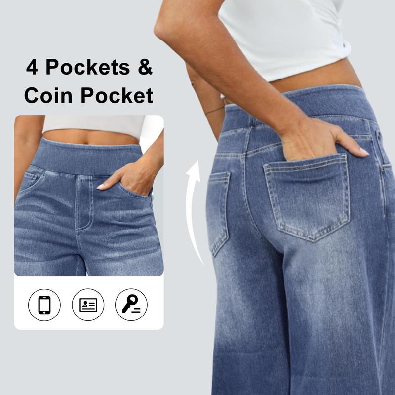 FireSwan Women's Wide Leg Jeans High Waisted Stretchy Denim Pants Elastic Waist Pull On Sweatpant Jeans Trendy Baggy Loose All Seasons Minimalist Basic Trouser Pocket Streetwear Womenswear Bottoms Basic