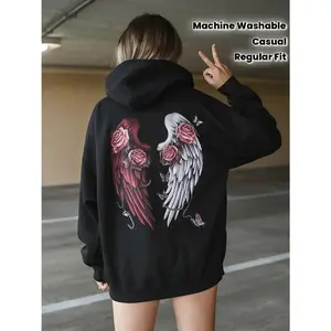 Women's angel wings and roses Graphic - Cotton Blend Black Long Sleeve Pullover Regular Fit | Soft & Breathable Fabric, Durable Print, Everyday Comfort, Machine Washable, casual, graphic design, oversized fit urban parking garage, casual lifestyle
