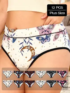 12-Pack Plus Size Fashion Women's High Rise Panties, Cute Butterfly Heart Moon Print Comfortable High Waisted Briefs for Valentine's Day Vibe, Fashion Comfy Underwear