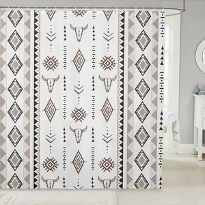 Bohemian Aztec Shower Curtain, , Western Bull Skull Bath Curtain for Bathroom, Southwestern Native Bathroom Accessories